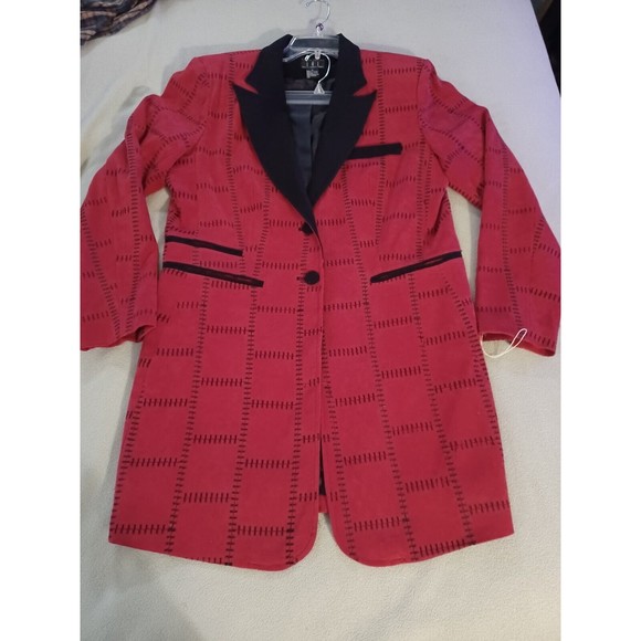 Justin Taylor faux suede patchwork stitching blazer red size 14 black lapels - Picture 1 of 12